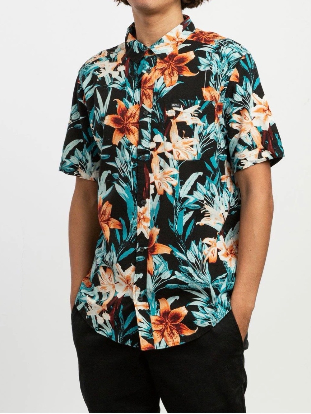 RVCA Black Floral Button-Down Shirt with Orange & Teal Accents Medium